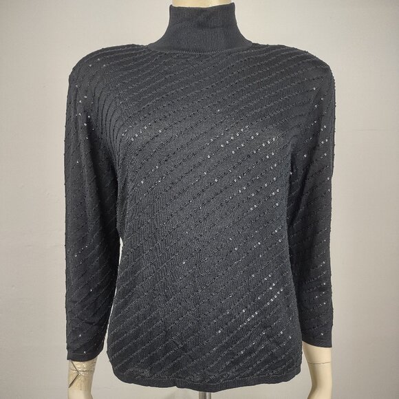 Carlisle black sparkly sequin 100% Silk mock neck knit top blouse ladies Large - Picture 1 of 7